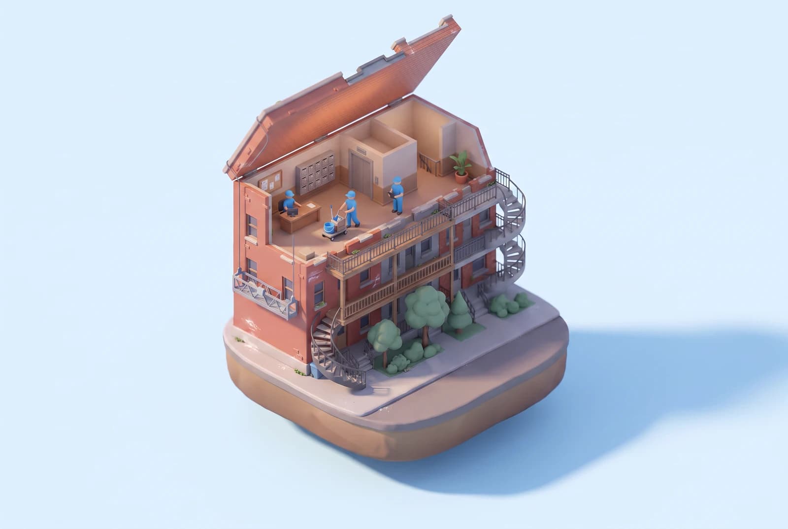 Illustration, les parties communes d'un immeuble entretenues, hall, corridor et cage d'escalier.